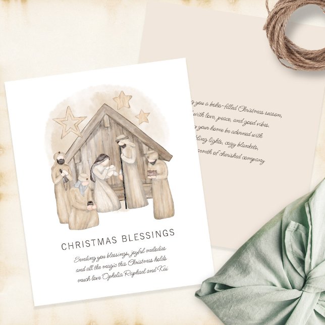 Budget Boho Nativity Scene Holiday Card (Front and back view)