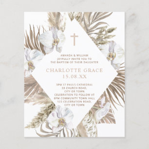 Budget Boho Palm Floral Baptism Pink Tan Invite Flyer