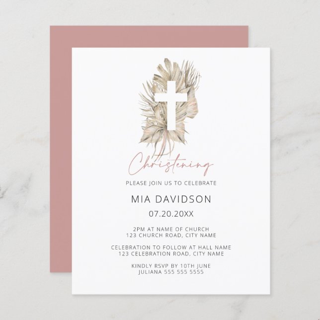 Budget Boho Palm Pink Floral Christening Invite (Front/Back)