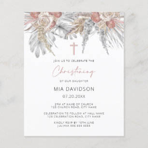 Budget Boho Palm Pink Pampas Christening Invite Flyer