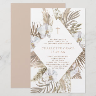 Budget Boho Pampas Floral Baptism Pink Tan Invite