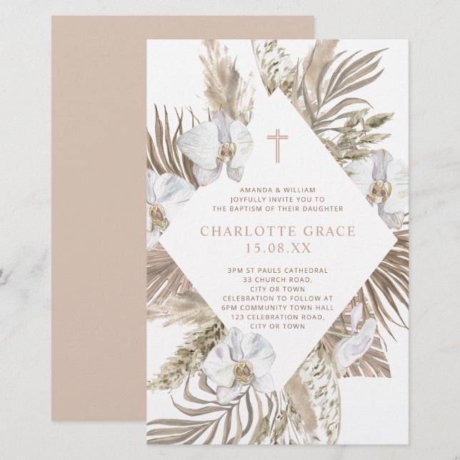 Budget Boho Pampas Floral Baptism Pink Tan Invite (Front/Back)