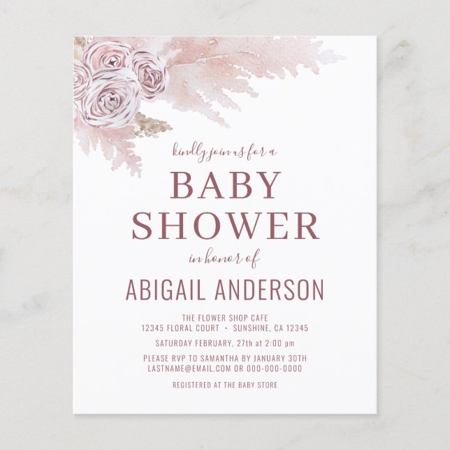 Budget Boho Pampas Grass Baby Shower Invitation  Flyer (Front)