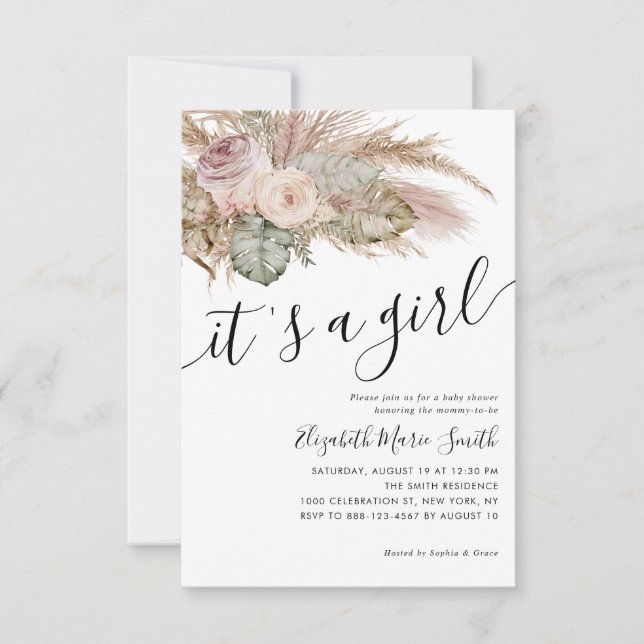 Budget Boho Pampas Grass It's A Girl Baby Shower Card (Front)
