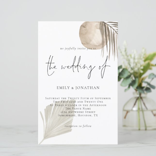 Budget Boho Pampas Grass Script Wedding Invitation (Standing Front)