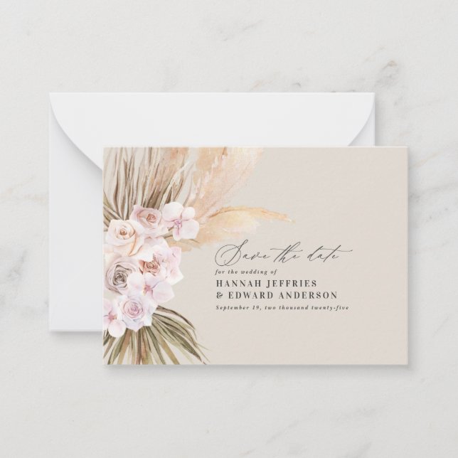 budget boho pampas grass wedding save the date card (Front)