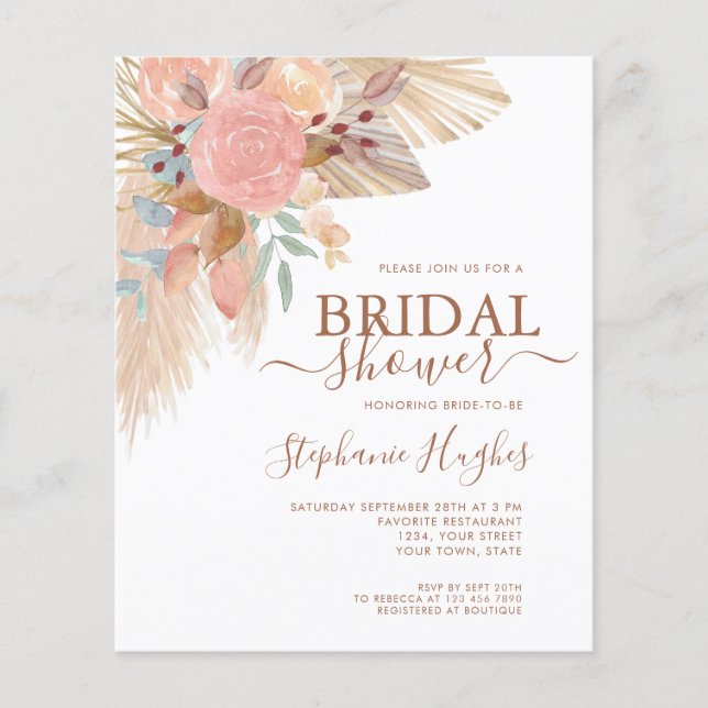 Budget Boho Pampas Rustic Bridal Shower Invitation (Front)