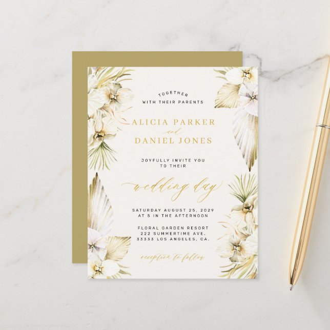 Budget boho pampas tropical wedding invitation (Front/Back In Situ)