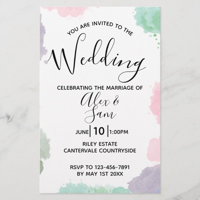 Budget Boho Pastel Watercolor Wedding Invitation Flyer (Front)