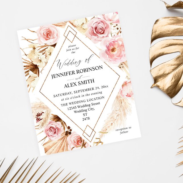 Budget Boho Pink & Beige Floral Gold Wedding Flyer (Creator Uploaded)