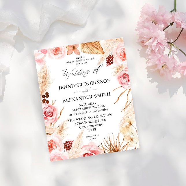 Budget Boho Pink & Beige Floral Pampas Wedding Flyer (Creator Uploaded)