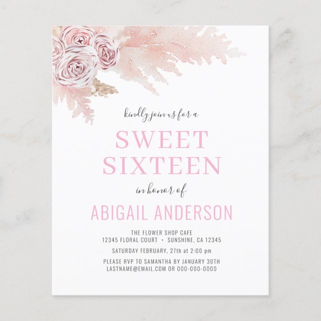 Budget Boho Pink Sweet Sixteen Invitation  (Front)