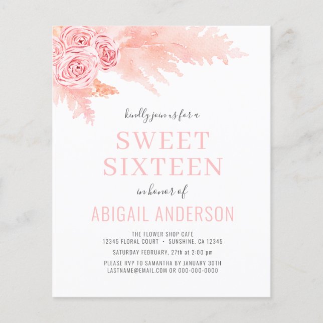 Budget Boho Pink Sweet Sixteen Invitation  (Front)