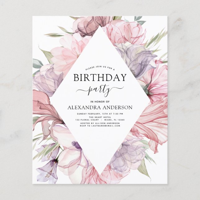 Budget Boho Purple Any Age Birthday Floral Flyer (Front)