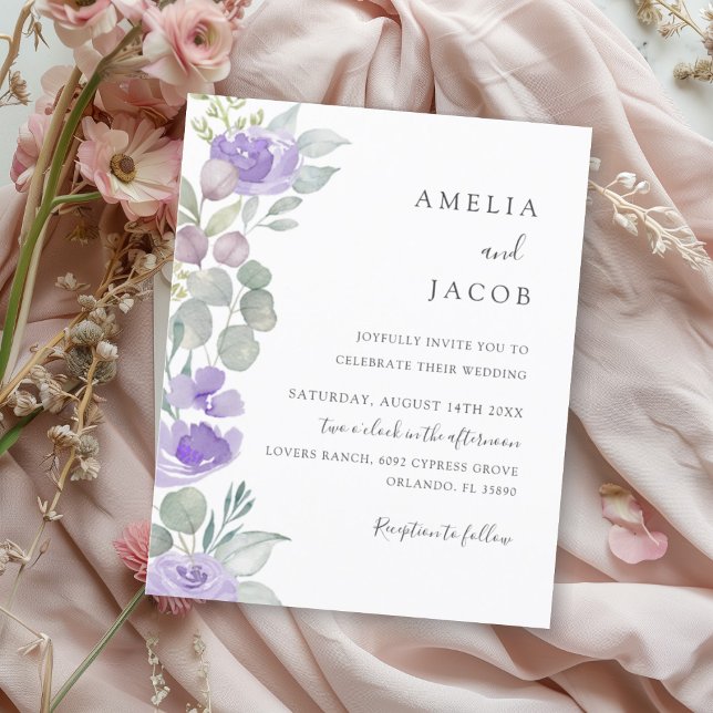 Budget Boho Purple Eucalyptus Wedding Invitation (Creator Uploaded)