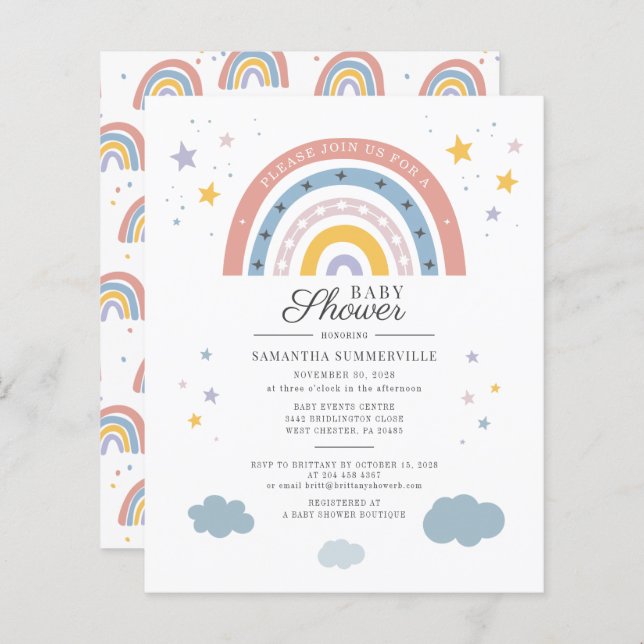 Budget Boho Rainbow Watercolor Script Baby Shower (Front/Back)