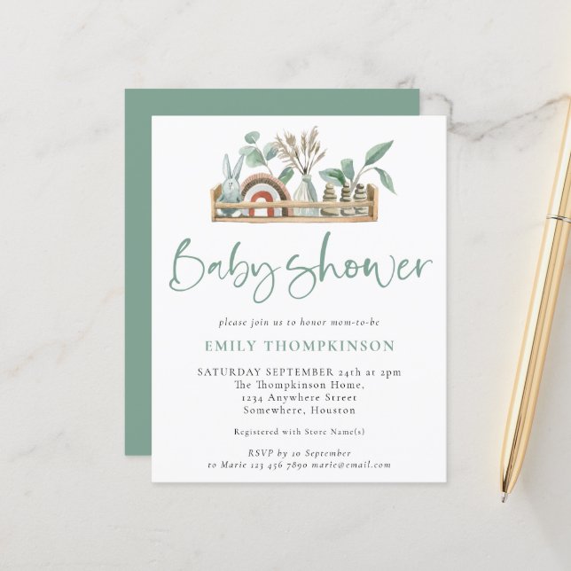 Budget Boho Shelf Toys Sage Baby Shower Invite (Front/Back In Situ)