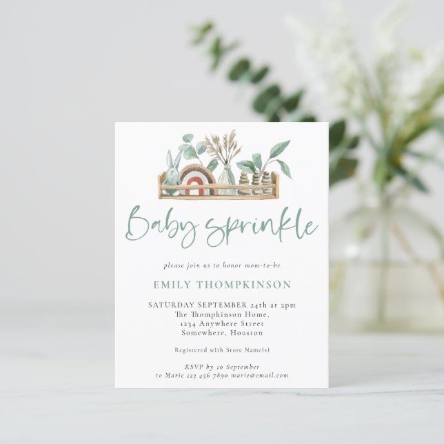 Budget Boho Shelf Toys Sage Baby Sprinkle Invite (Standing Front)