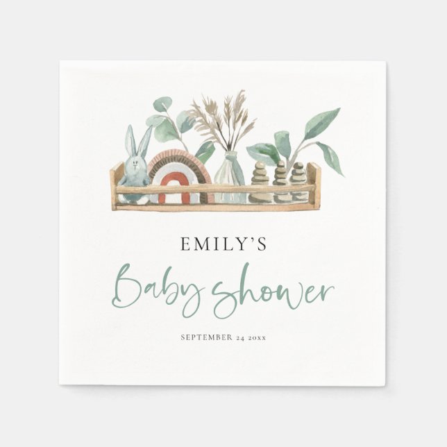 Budget Boho Shelf Toys Sage Green Baby Shower Napkin (Front)