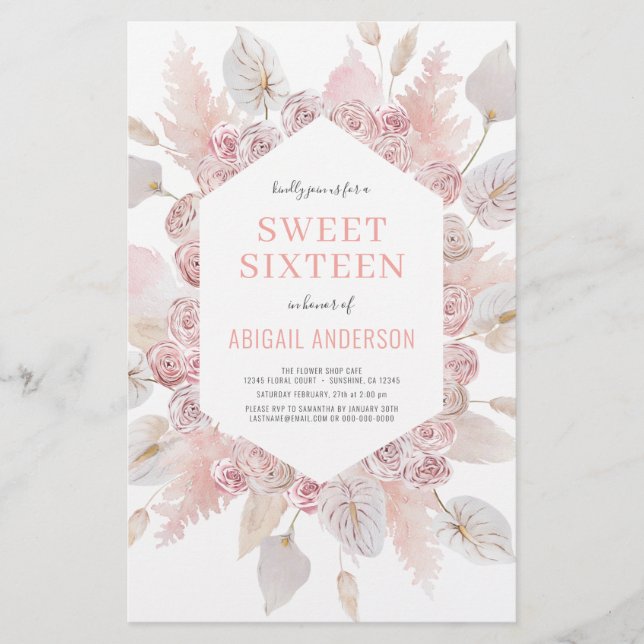 Budget Boho Sweet Sixteen Modern Blush Invitation  Flyer (Front)