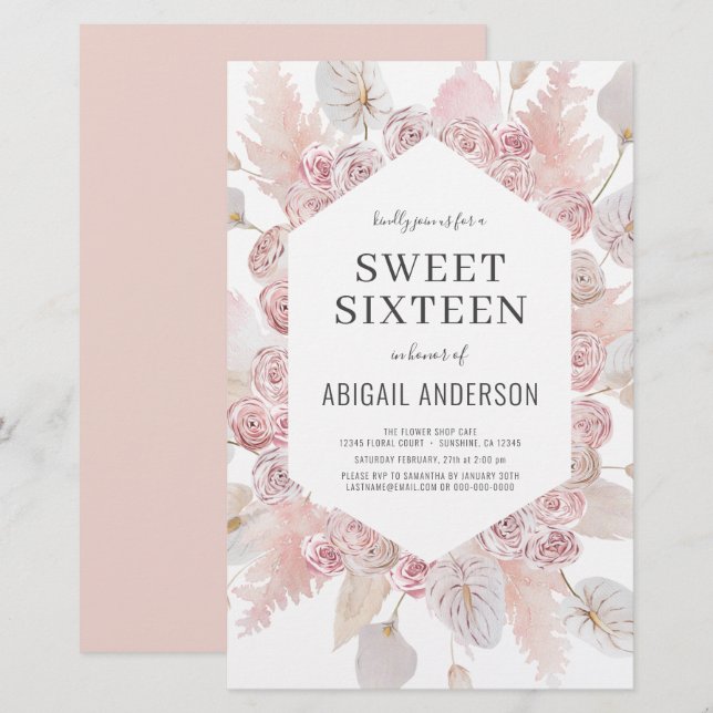 Budget Boho Sweet Sixteen Modern Invitation (Front/Back)