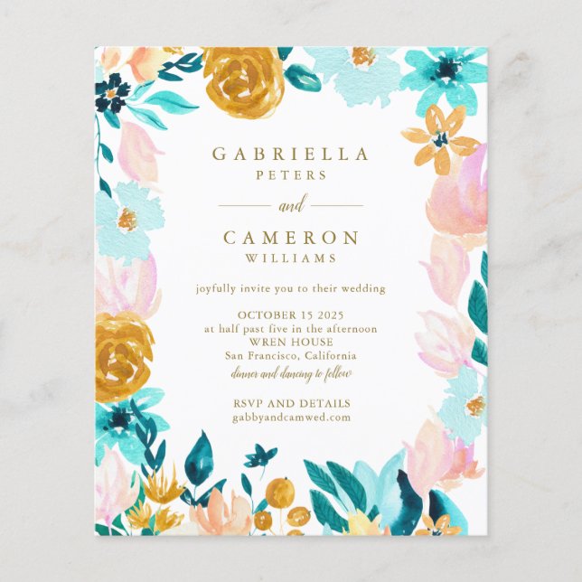 Budget Boho Teal Watercolor Floral Wedding Invite (Front)