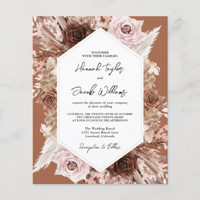 Budget Boho Terracotta Floral Wedding Invitation (Front)