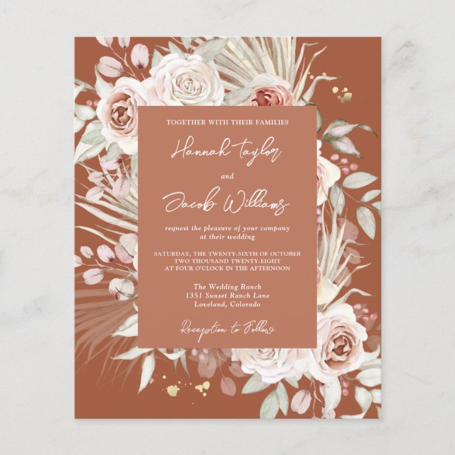 Budget Boho Terracotta Floral Wedding Invitation (Front)