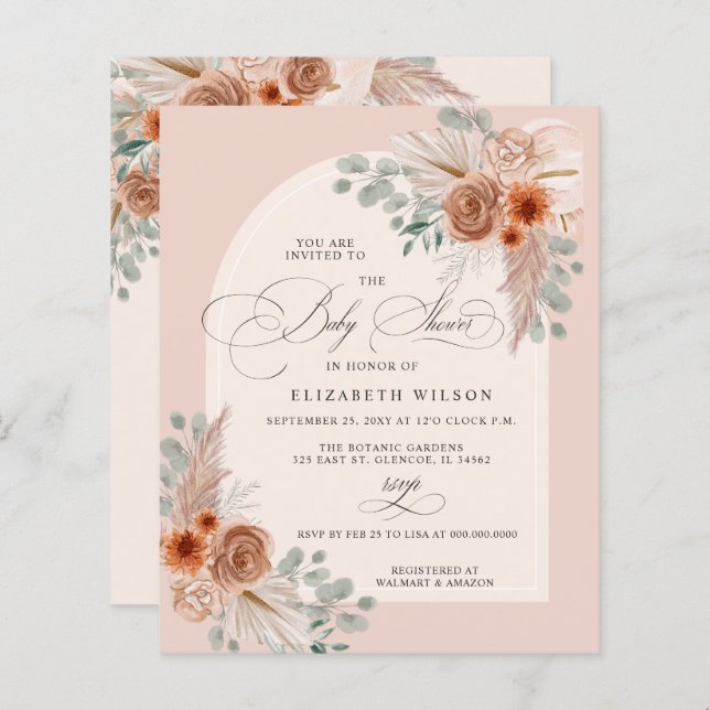 Budget Boho Terracotta Pampas Baby Shower Invite (Front/Back)
