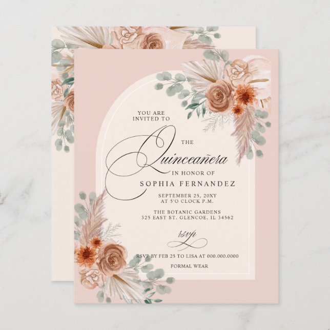 Budget Boho Terracotta Pampas Quinceanera Invite (Front/Back)