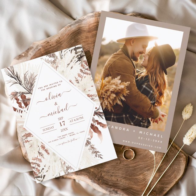 Budget Boho Terracotta Photo Pampas Grass Wedding Flyer (Creator Uploaded)