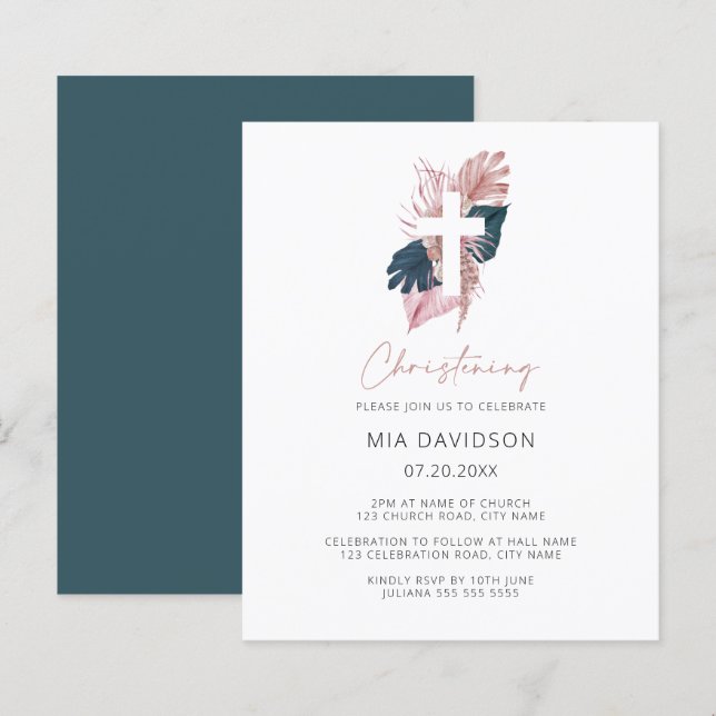Budget Boho Watercolor Floral Christening Invite (Front/Back)