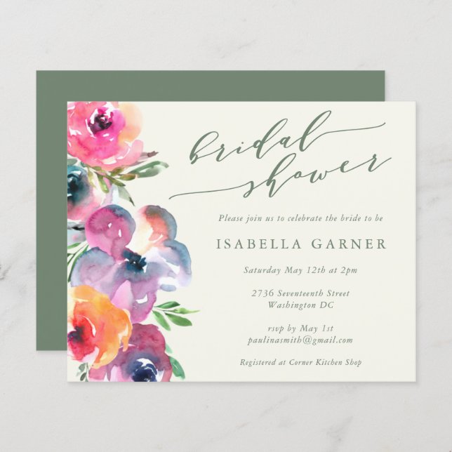 Budget Boho Watercolor Flower Bridal Shower Invite (Front/Back)