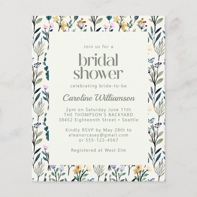 Budget Boho Watercolor Wildflower Bridal Shower (Front)