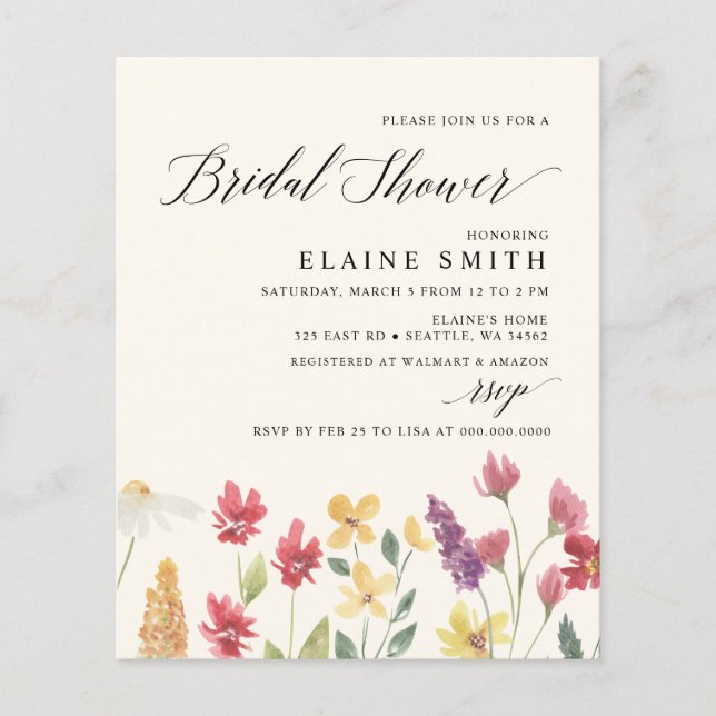 Budget Boho Wildflowers Bridal Shower Invitations (Front)
