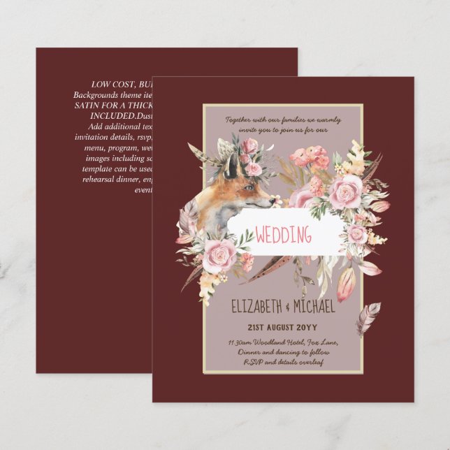 BUDGET Boho Woodland FOX Floral Wedding Modern (Front/Back)