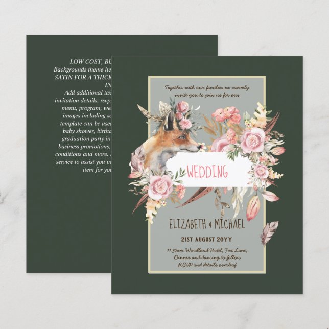 BUDGET Boho Woodland FOX Floral Wedding Modern (Front/Back)