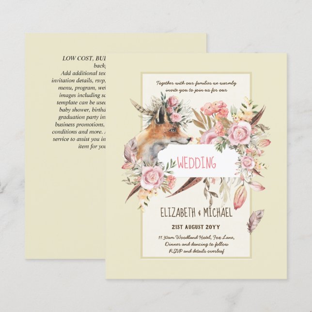 BUDGET Boho Woodland FOX Floral Wedding Modern (Front/Back)