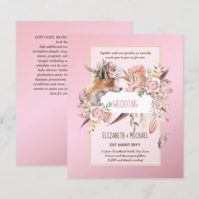 BUDGET Boho Woodland FOX Floral Wedding Modern (Front/Back)