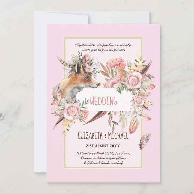 BUDGET Boho Woodland FOX Floral Wedding Modern Invitation (Front)