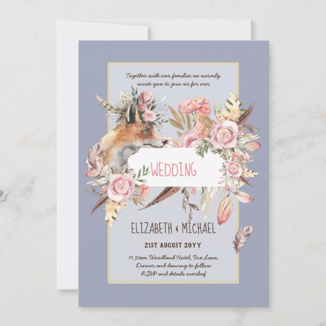 BUDGET Boho Woodland FOX Floral Wedding Modern Invitation (Front)