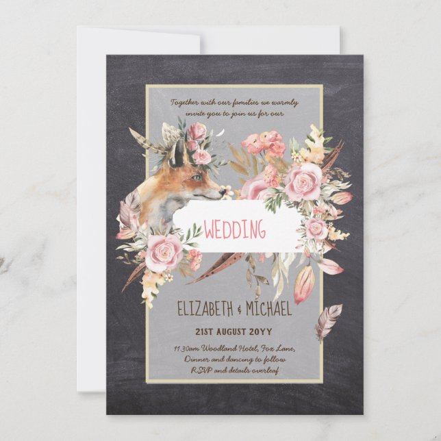BUDGET Boho Woodland FOX Floral Wedding Modern Invitation (Front)