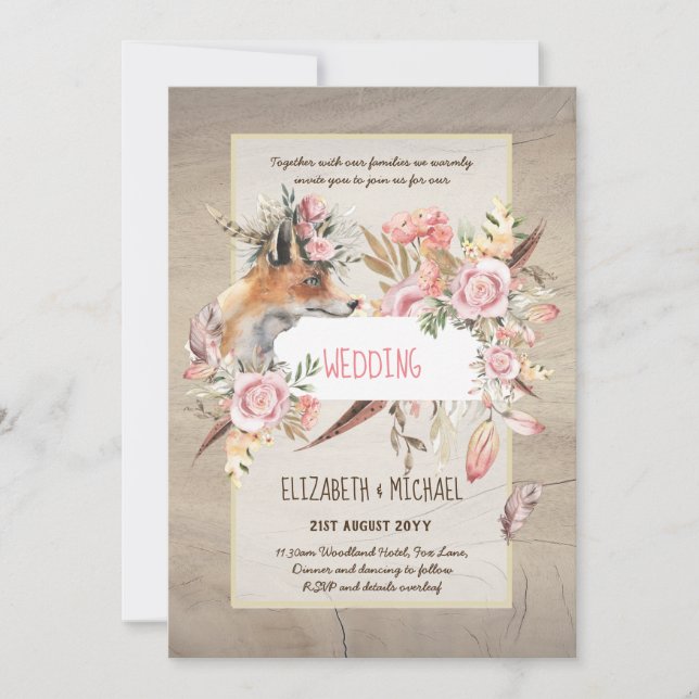 BUDGET Boho Woodland FOX Floral Wedding Modern Invitation (Front)