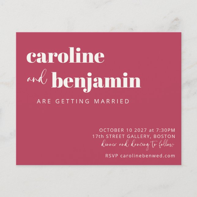Budget Bold Magenta Modern Wedding Invitation (Front)