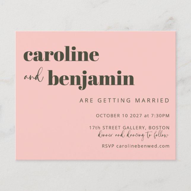 Budget Bold Pink Olive Green Chic Wedding Invite (Front)