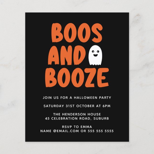 Budget Boos & Booze Cute Ghost Halloween Invite (Front)