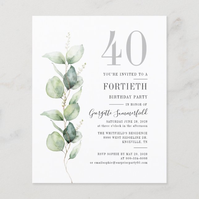 Budget Botanical 40th Birthday Eucalyptus Invites (Front)