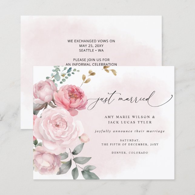 Budget Botanical Blush Floral Wedding Announcement (Front/Back)