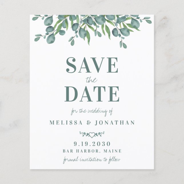 Budget Botanical Eucalyptus Leaves Save The Date (Front)