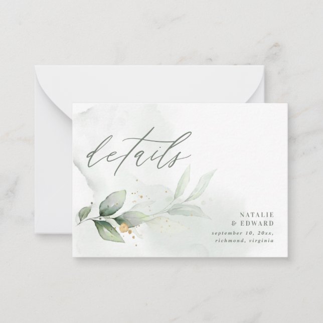 budget botanical eucalyptus wedding details card (Front)